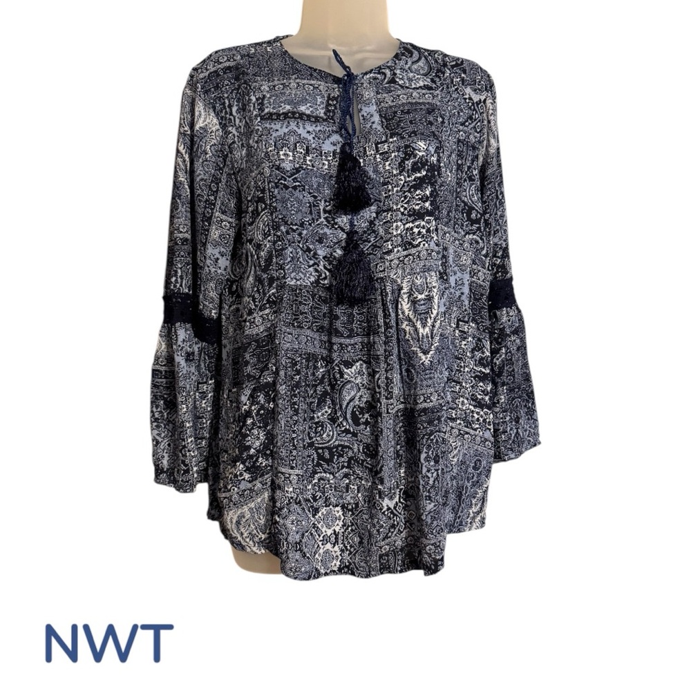 NWT Denim Blue Print  Top w/Tassel Tie  MEDIUM   #A
